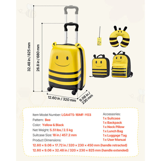 Kids Luggage Set 5 Piece Backpack Neck Pillow Lunch Bag Luggage Tag Bee Theme