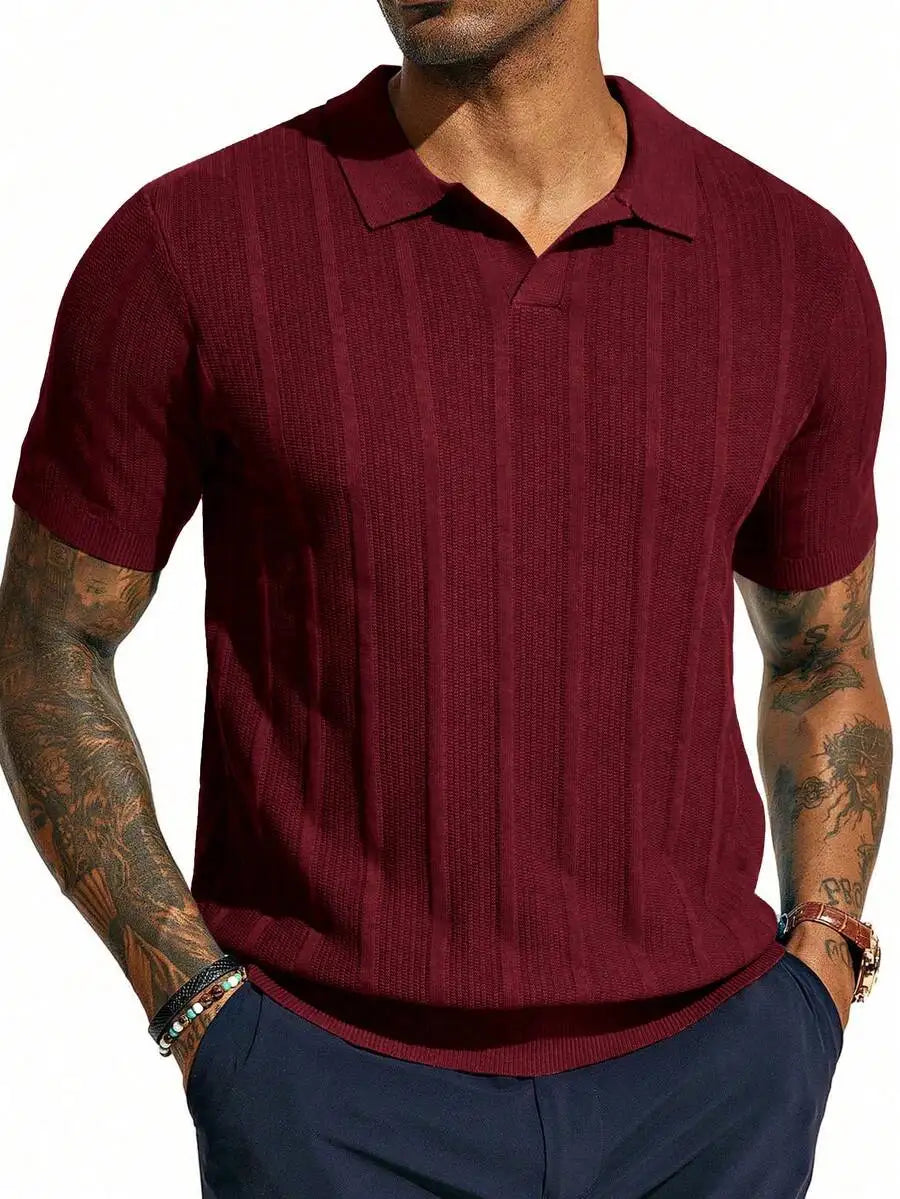 Men's Short-Sleeve Knitted Polo Shirt With Vertical Ribbed Texture
