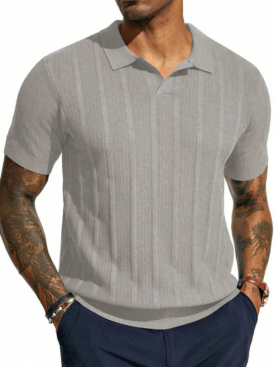 Men's Short-Sleeve Knitted Polo Shirt With Vertical Ribbed Texture