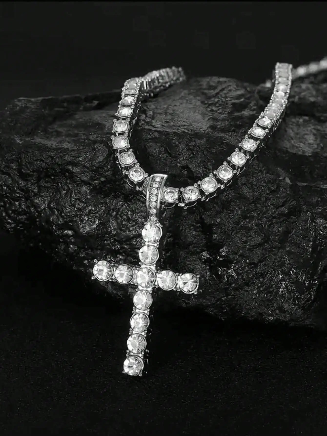 Layered Iced Out Tennis Chain Necklace With Cross Pendant
