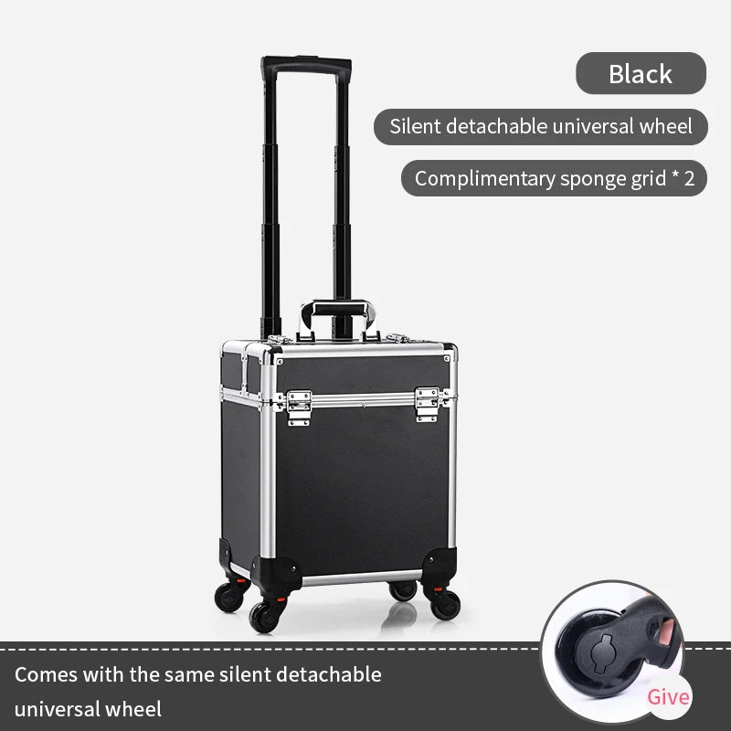 Aluminum Rolling Makeup Case Lockable Cosmetic Trolley With Trays