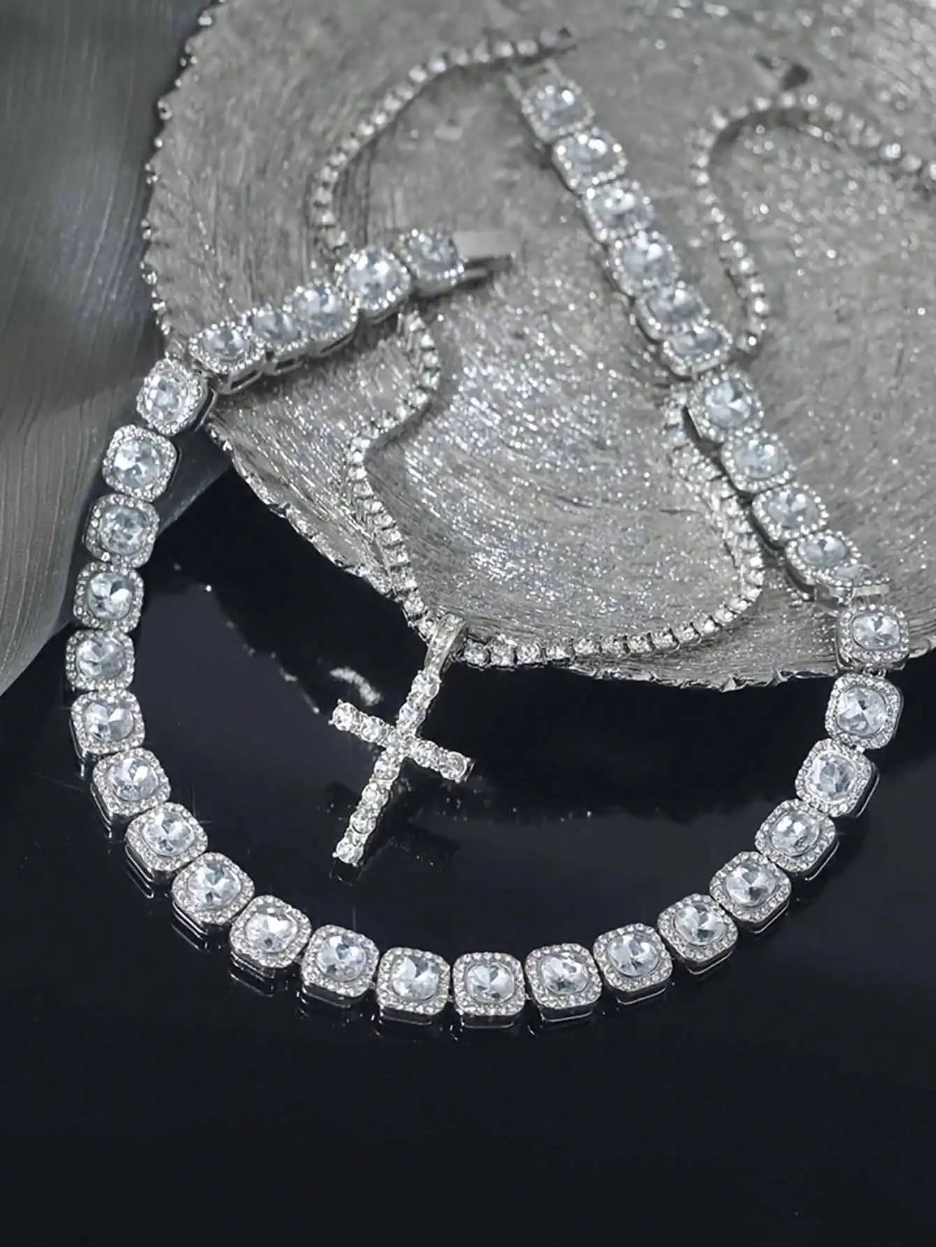 Layered Iced Out Tennis Chain Necklace With Cross Pendant