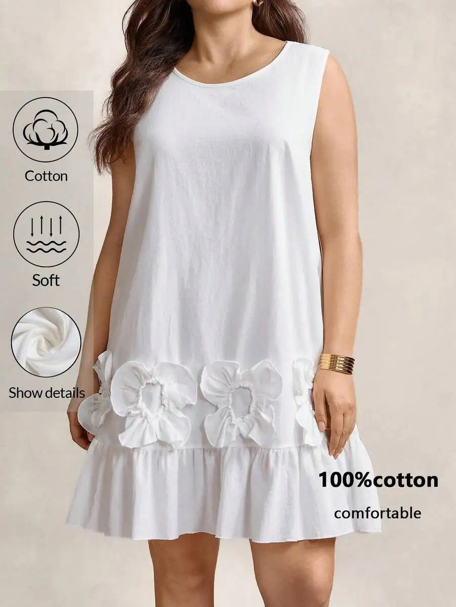 Sleeveless Round Neck Cotton Dress With 3D Floral Ruffles