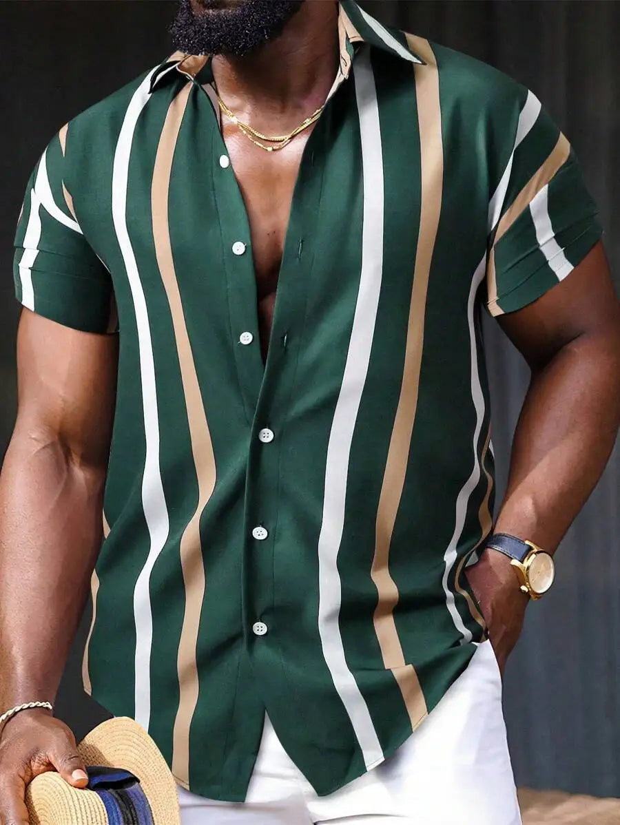 Vertical Stripe Short Sleeve Button Up Shirt Casual Summer