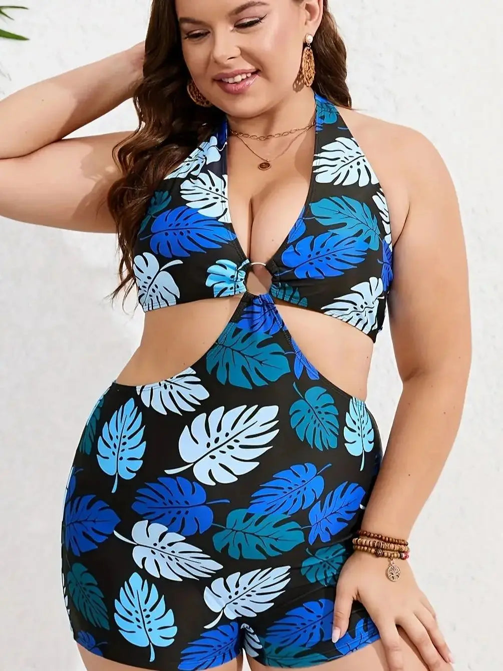 Women's Tropical Book Page Print One-Piece Swimsuit Tie-Neck