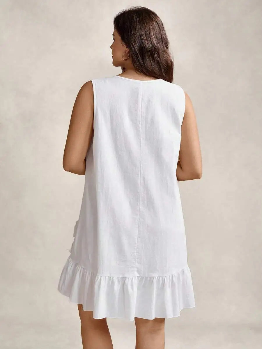 Sleeveless Round Neck Cotton Dress With 3D Floral Ruffles