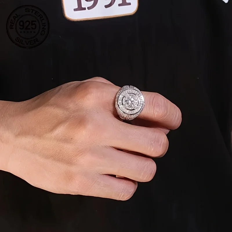 Sterling Silver Circular Baguette Solitaire Ring For Men