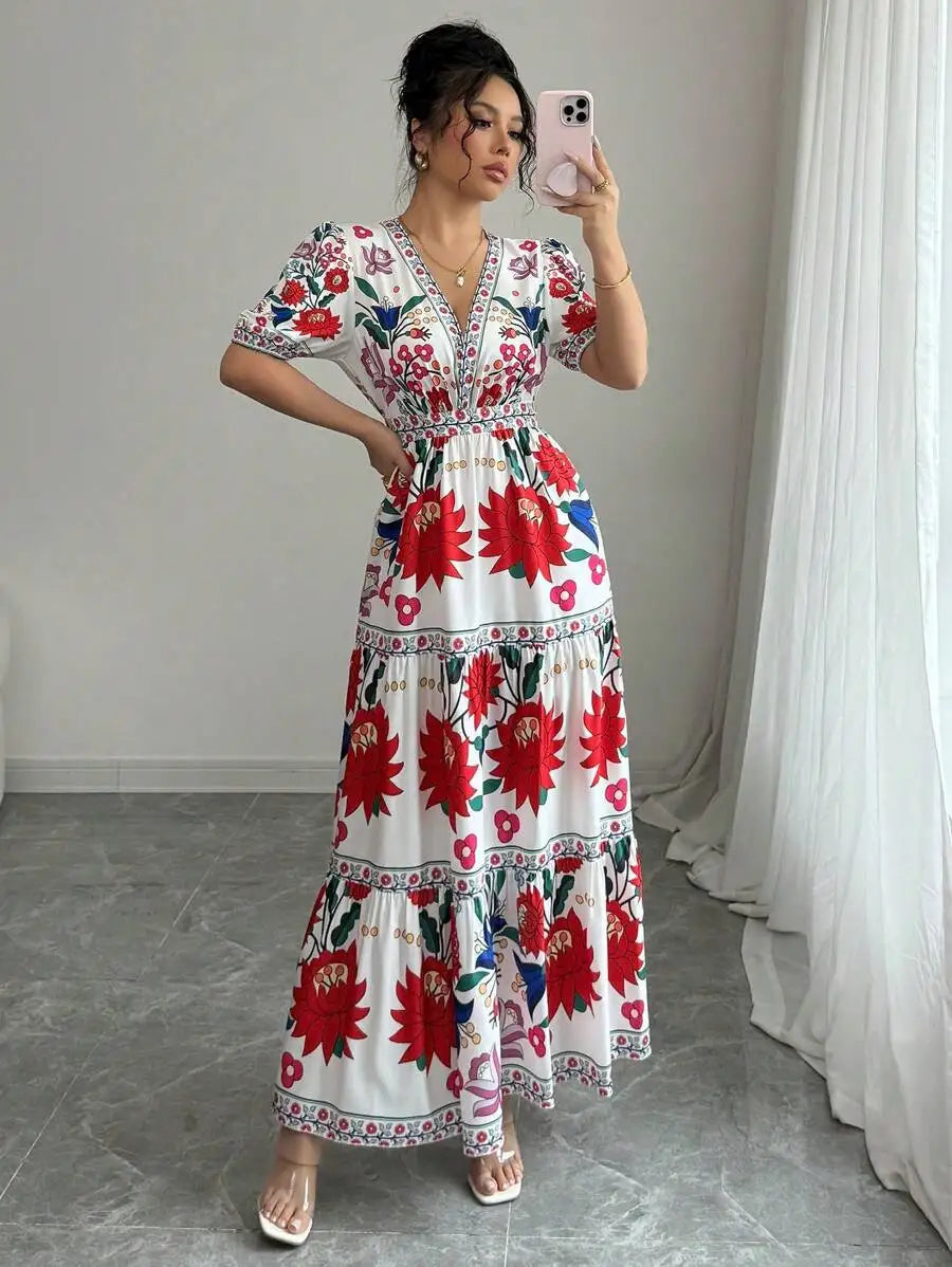 Floral V Neck Maxi Dress With Puff Sleeves For Holiday