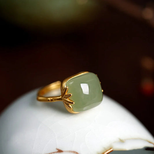 Sterling Silver Hotan Jade Geometric Ring For Women
