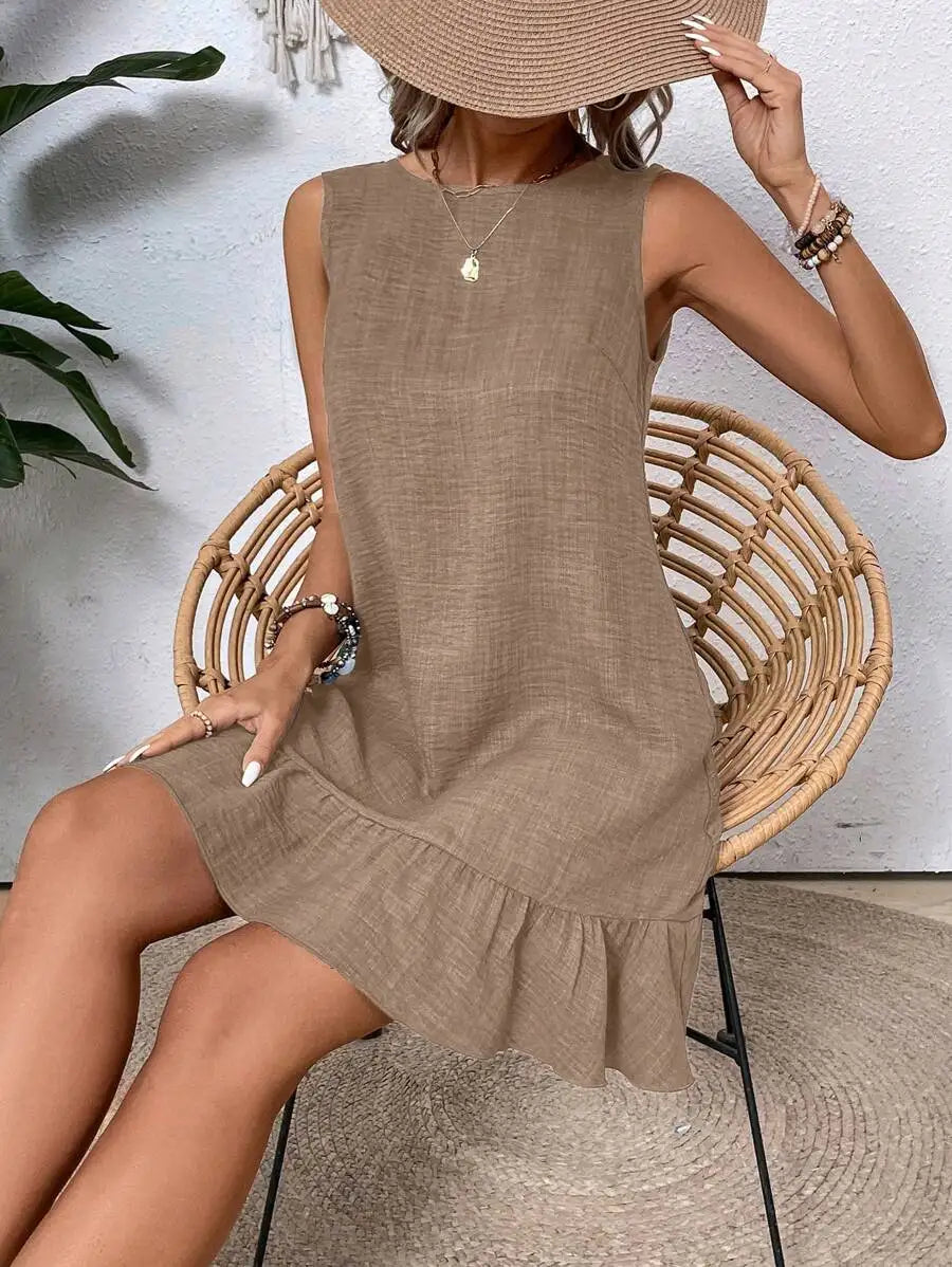 Solid Sleeveless Round Neck Dress With Ruffled Hem