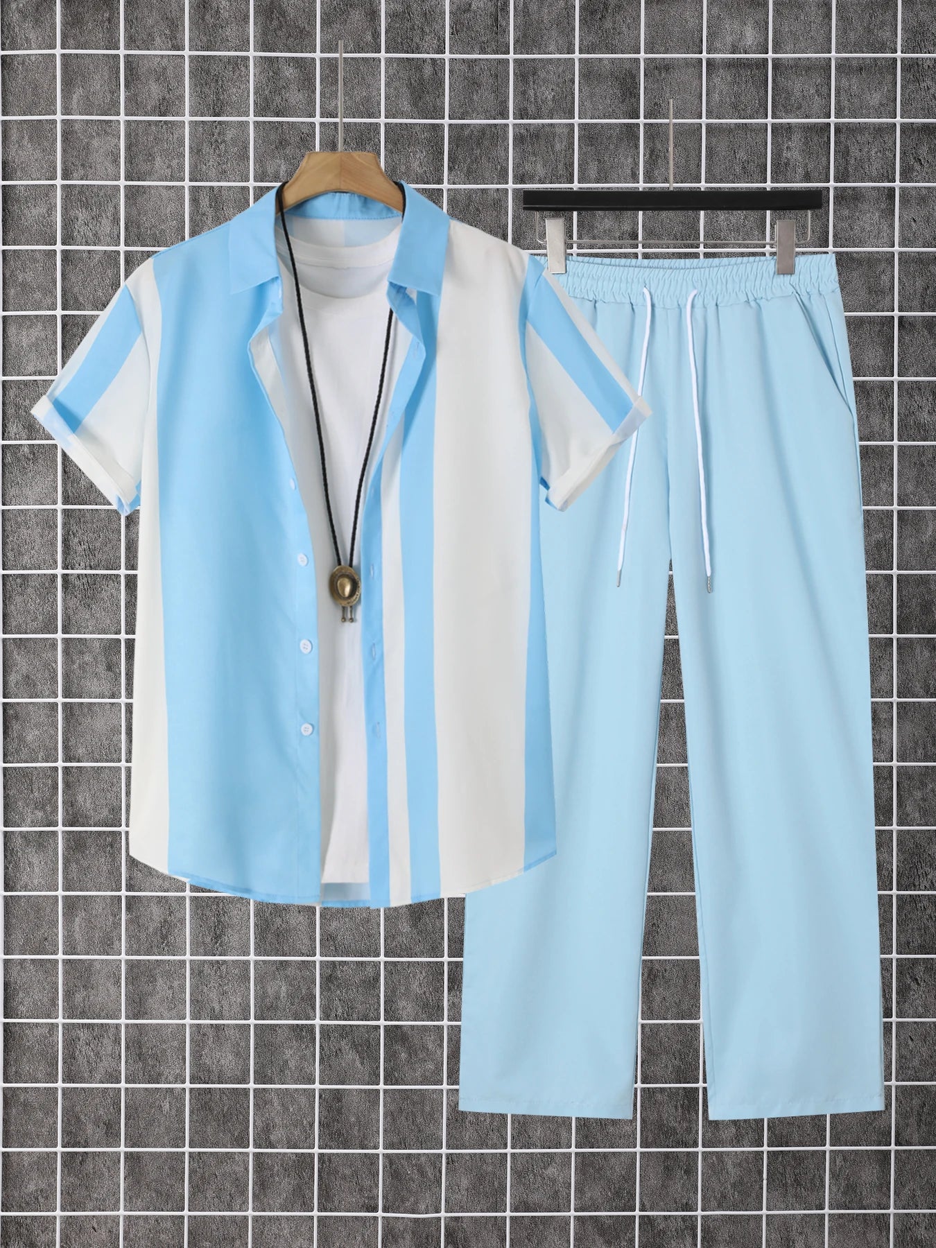 2 Piece Printed Men's Summer Short Sleeve Shirt And Pants Set