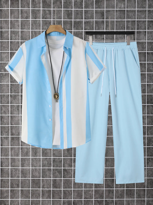 2 Piece Printed Men's Summer Short Sleeve Shirt And Pants Set