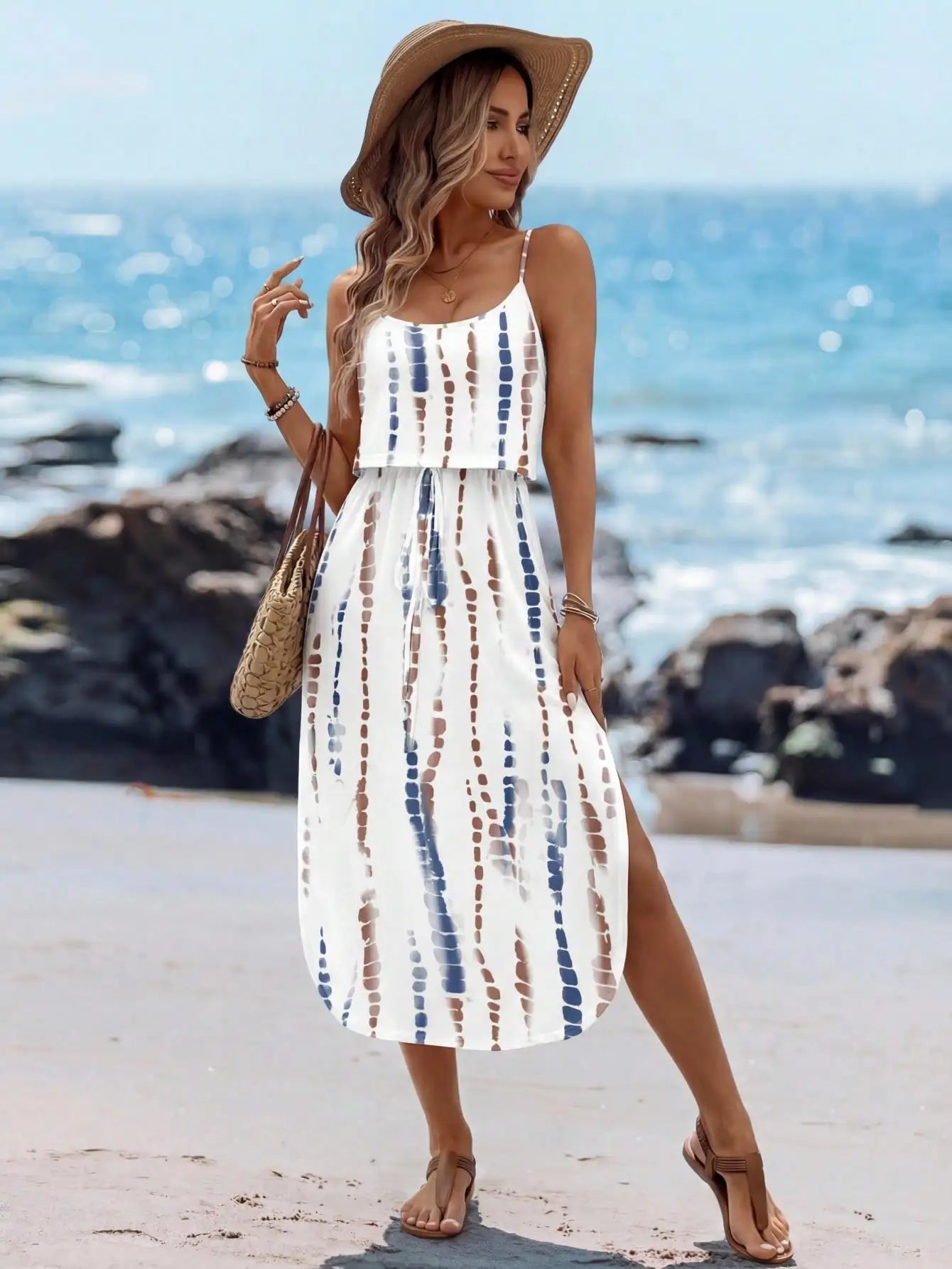 Boho Spaghetti Strap Midi Dress With Waist Slit For Summer