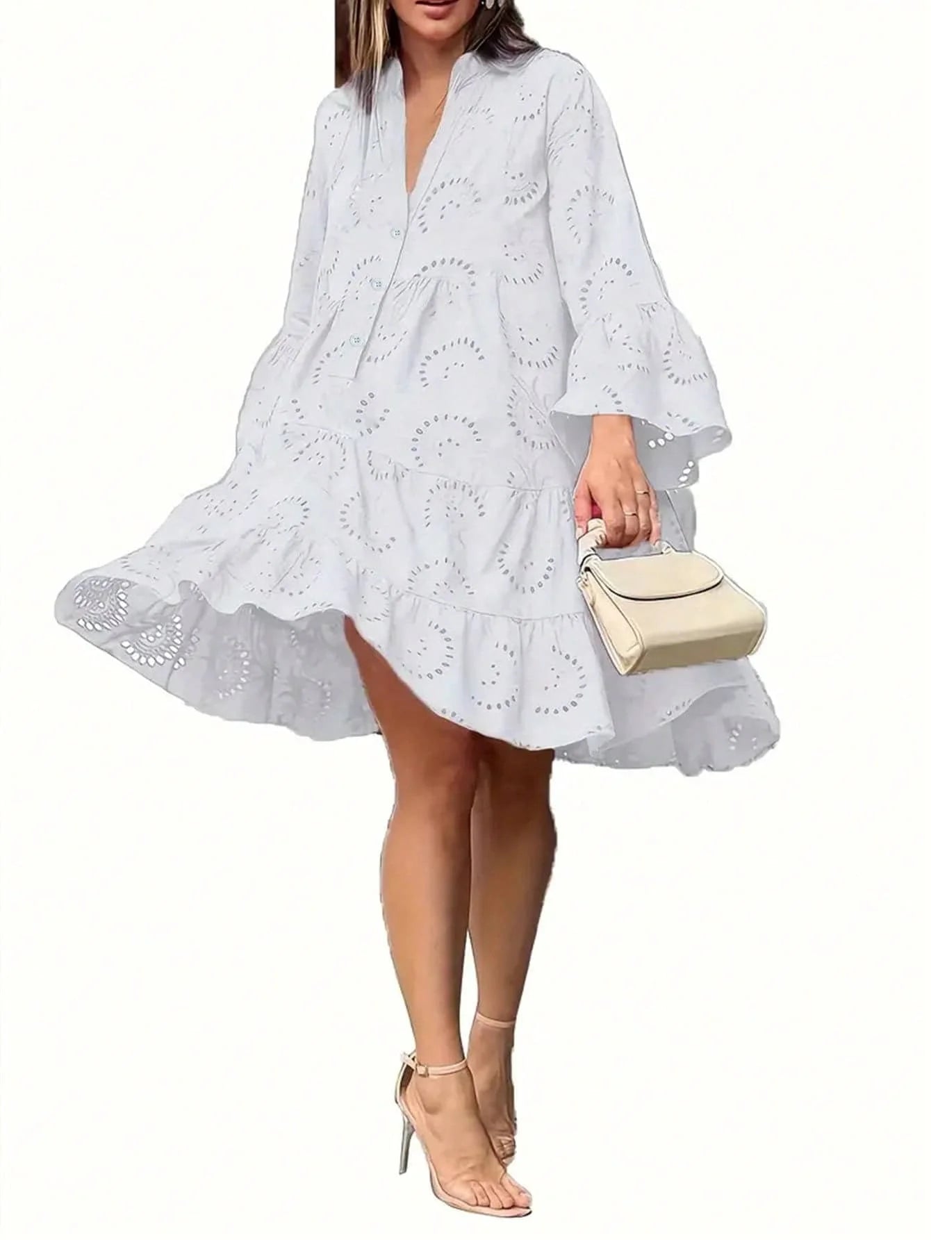 Eyelet Lace Puff Sleeve Tiered Dress For Beach Vacation And Daily Wear