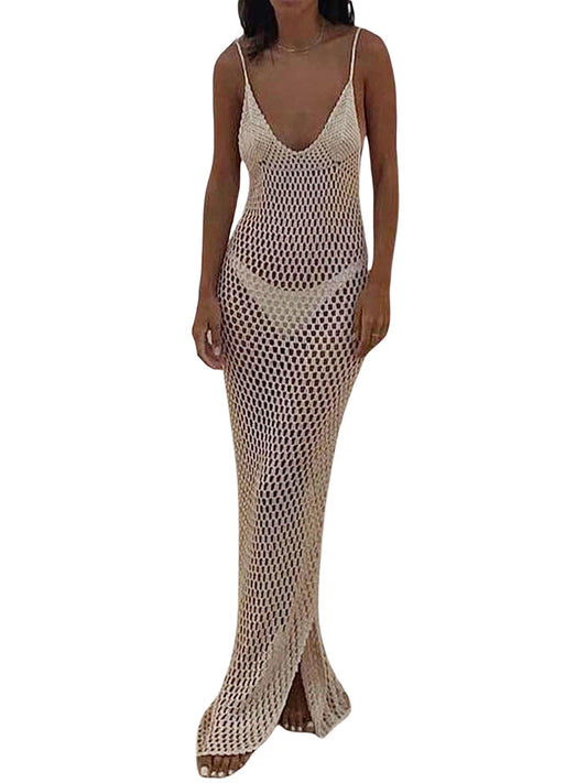 Women Crochet Cutout Backless Beach Cover Up Dress