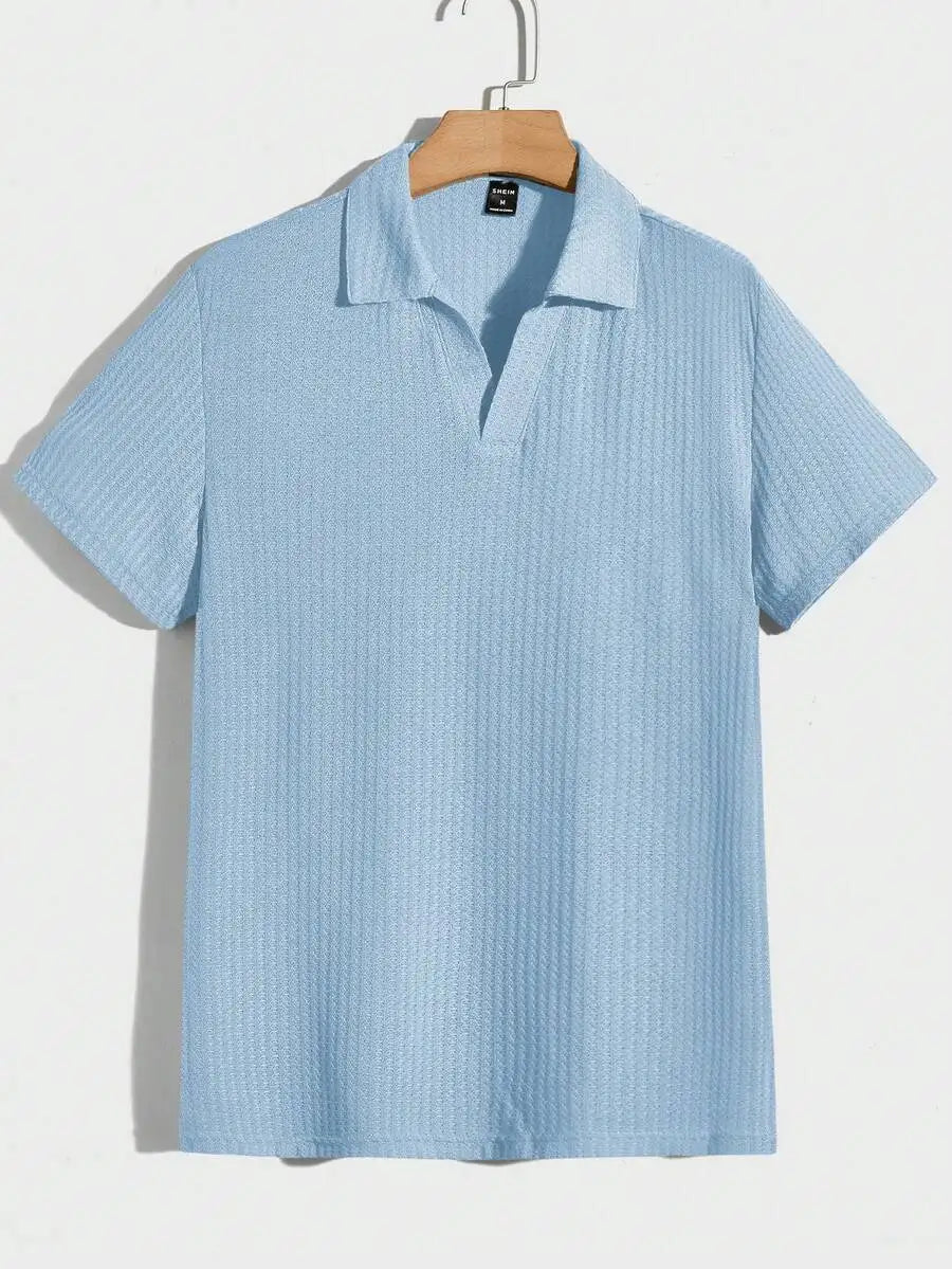 Mens Solid Waffle Knit Short Sleeve Polo Shirt Regular Fit