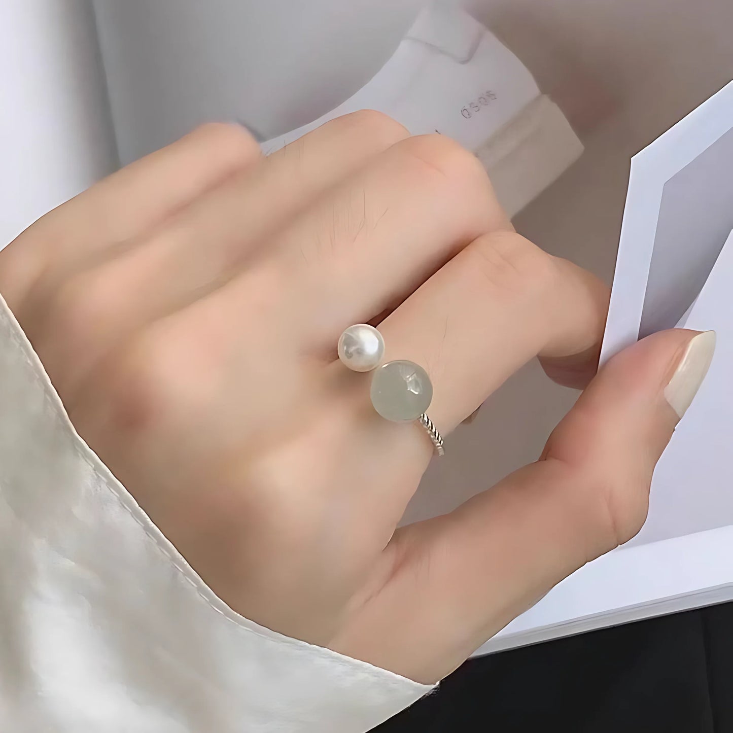 Sterling Silver Hotan Jade Geometric Ring For Women