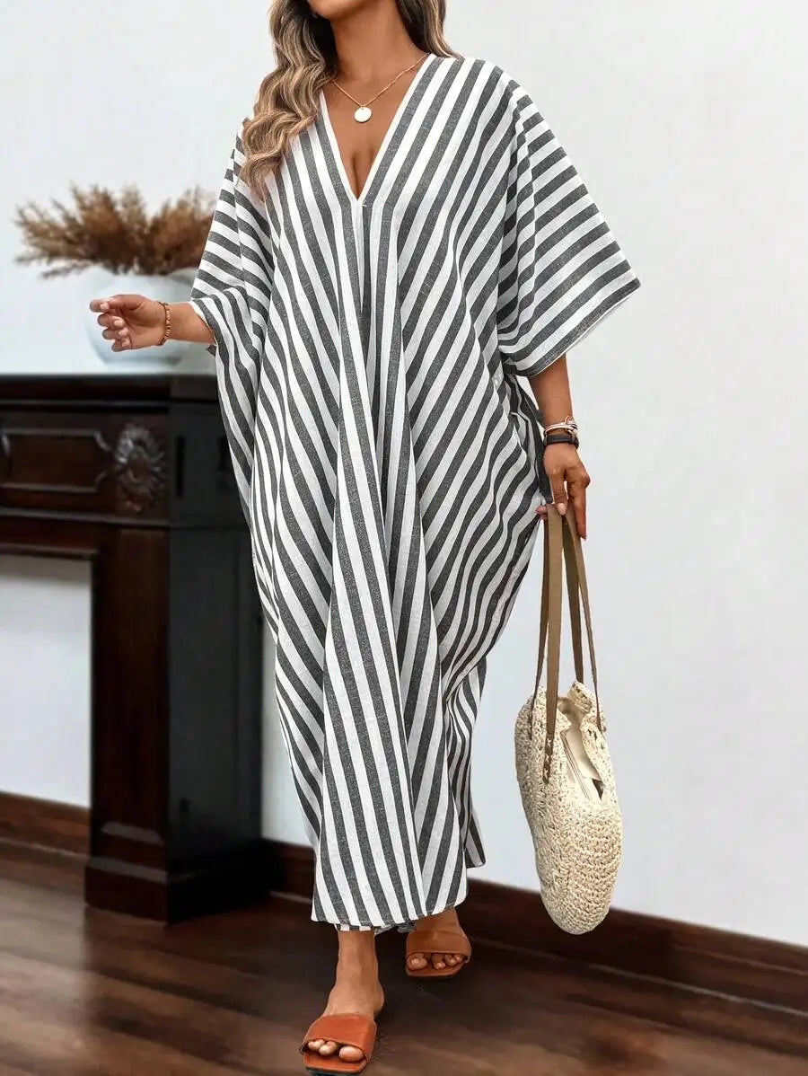 Loose Striped Linen V-Neck Batwing Sleeve Maxi Dress