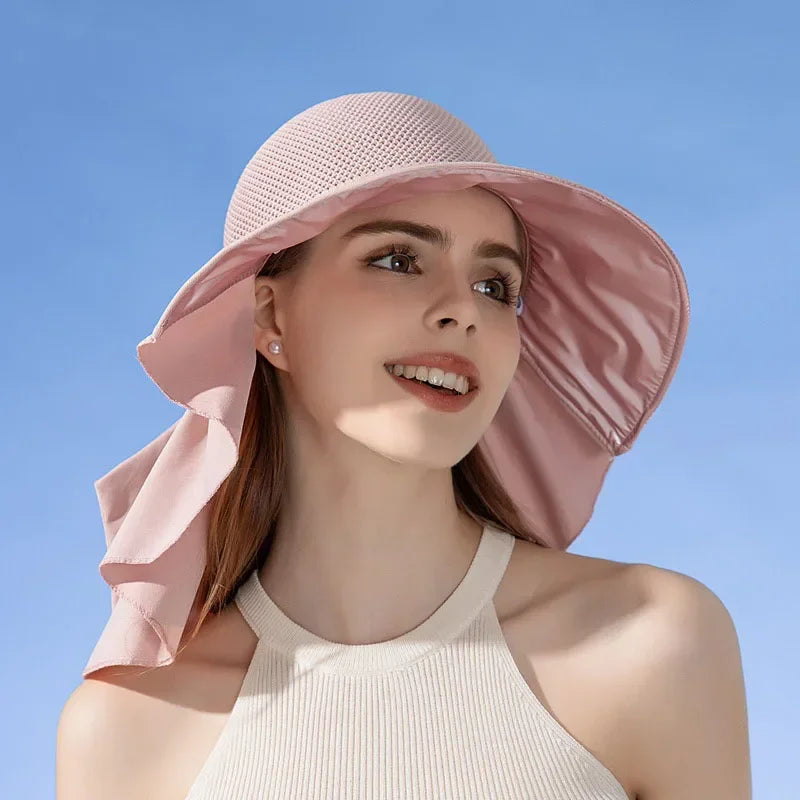 Summer Women Bucket Hat Shawl Mesh Face Neck Sun Protection