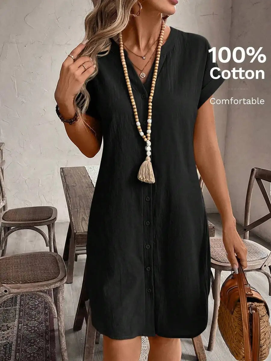 Women's Button Front Short Sleeve Mini Dress 100 Percent Cotton