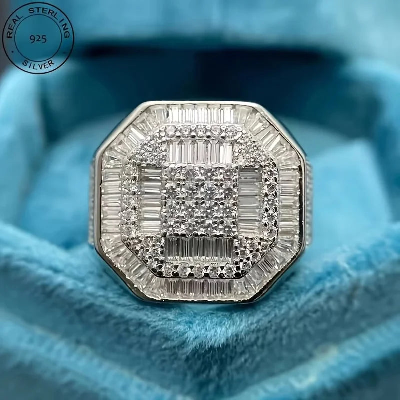 Men's Iced Out Baguette Octagon Pinky Ring Zircon 925