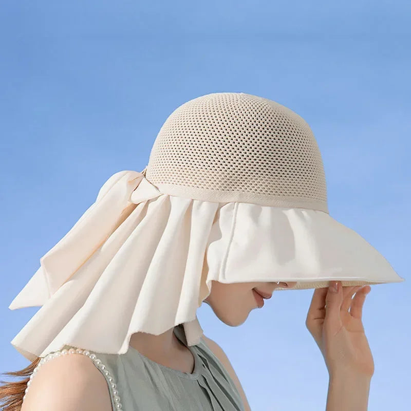 Summer Women Bucket Hat Shawl Mesh Face Neck Sun Protection