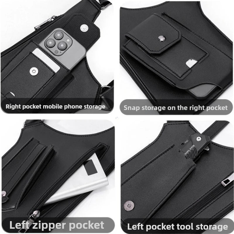 Mens Tactical Vest Bag PU Leather Phone Pouch Underarm Pack