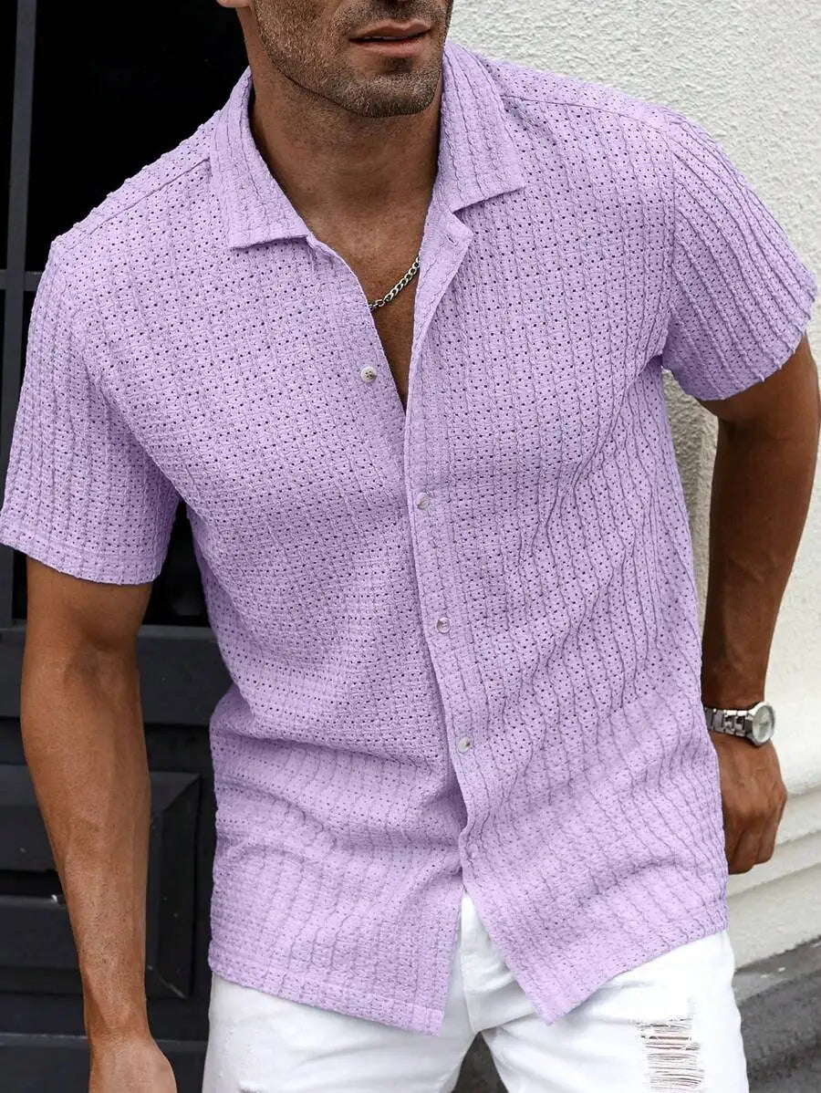 Men's Casual Short Sleeve Button-Down Shirt With Eyelet Texture