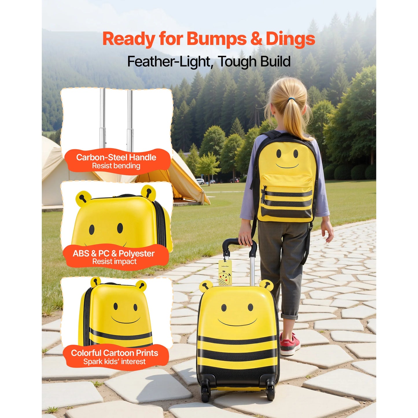 Kids Luggage Set 5 Piece Backpack Neck Pillow Lunch Bag Luggage Tag Bee Theme