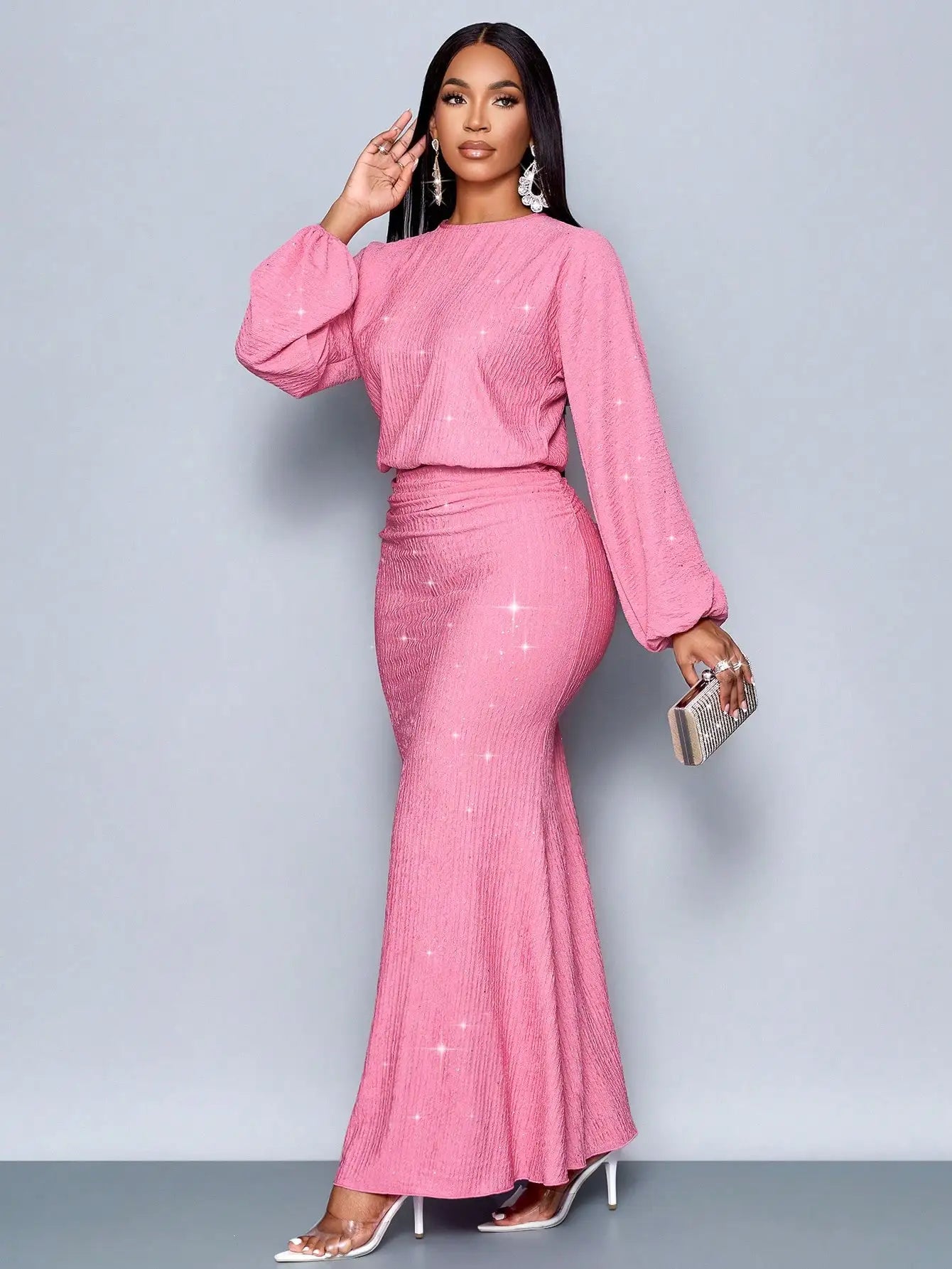 Mermaid Hem Bodycon Maxi Dress With Sequins And Puff Sleeves