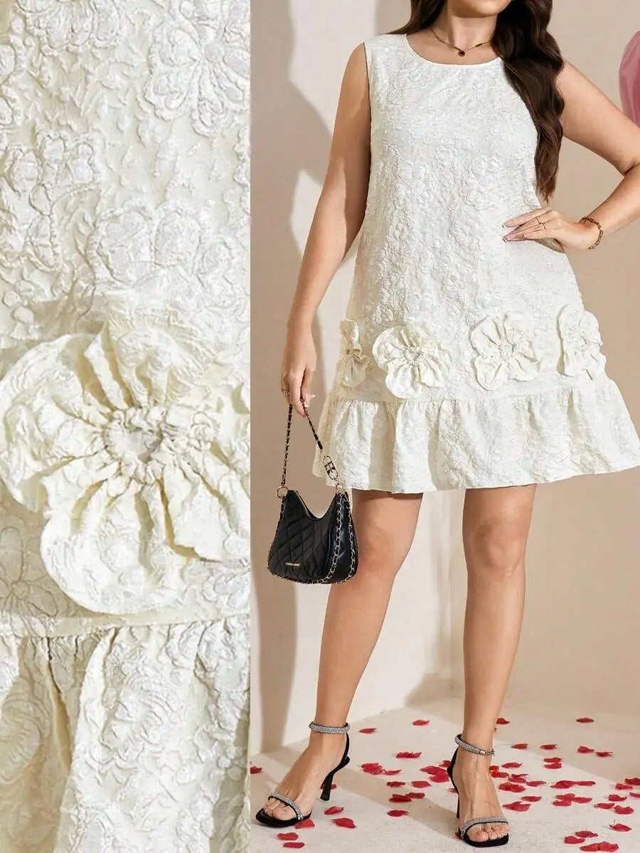Sleeveless Round Neck Cotton Dress With 3D Floral Ruffles