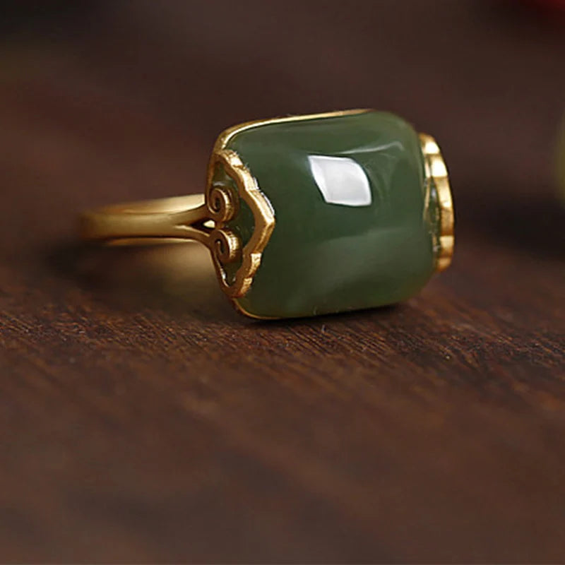 Sterling Silver Hotan Jade Geometric Ring For Women