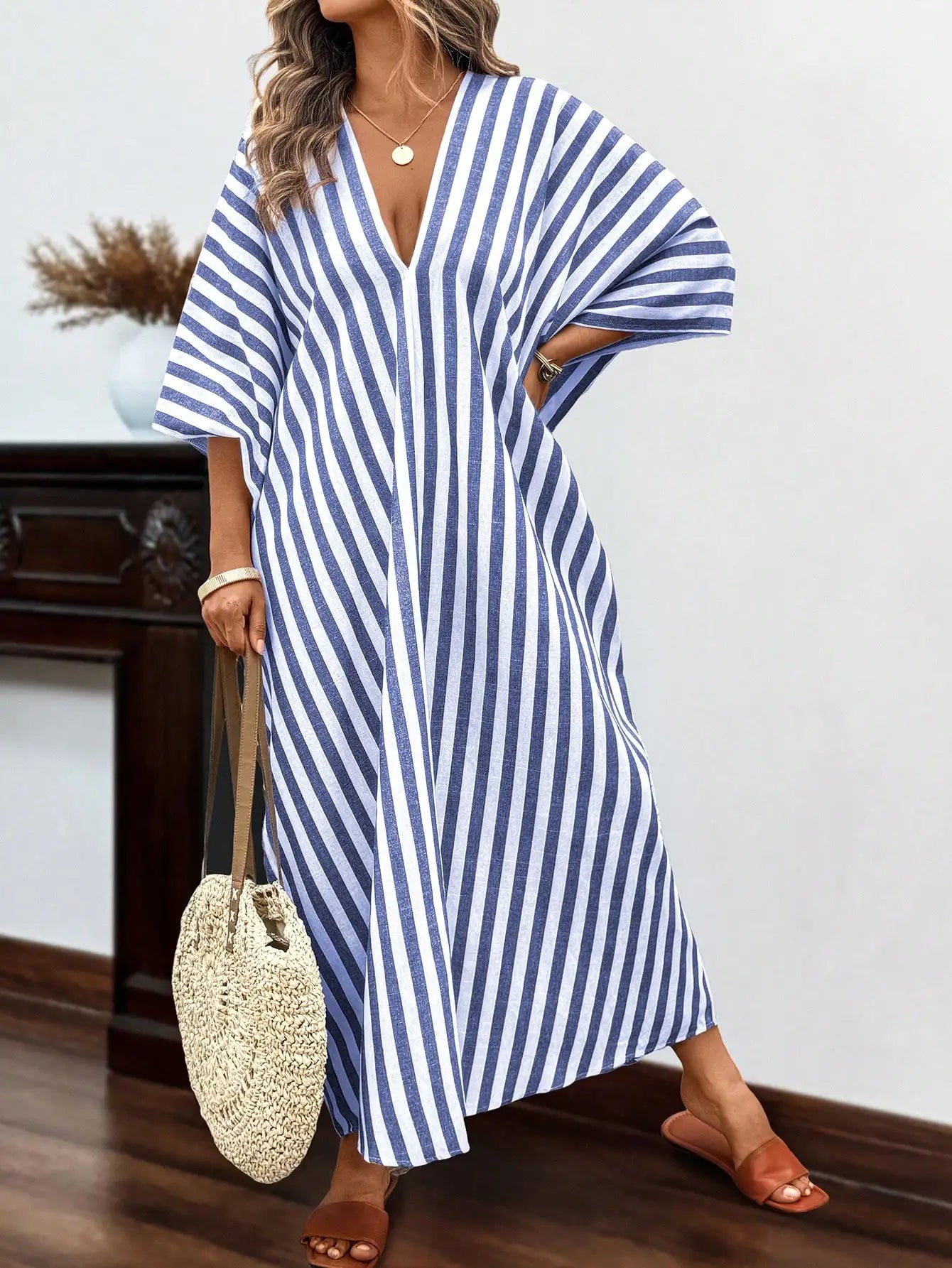 Loose Striped Linen V-Neck Batwing Sleeve Maxi Dress