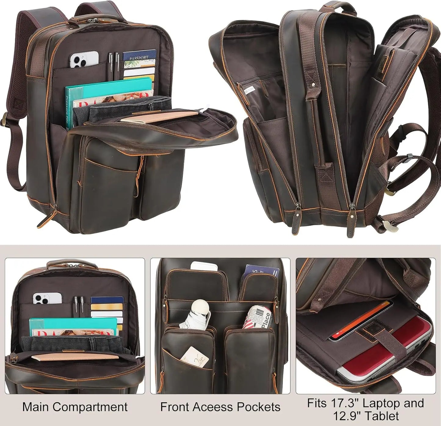 Full Grain Leather Laptop Backpack For Men With Multiple Pockets