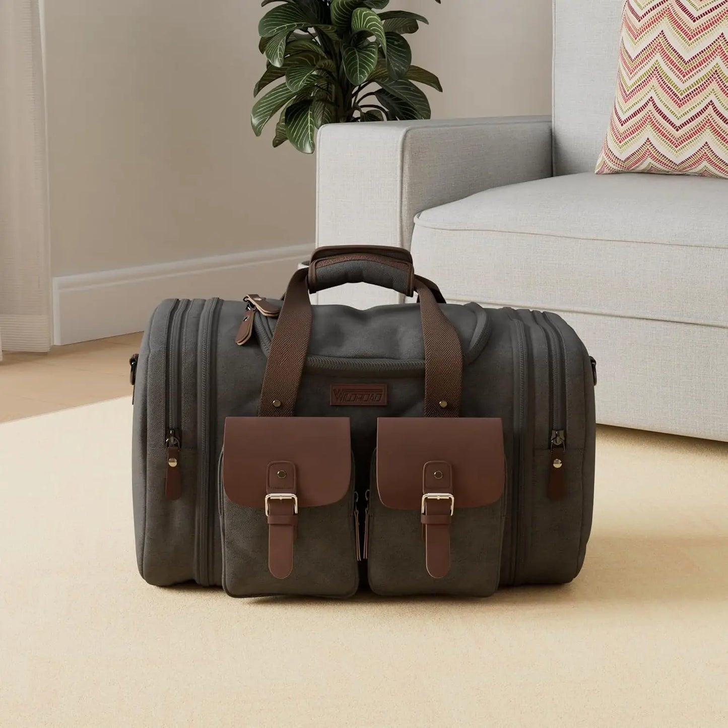 Nylon Canvas Leather Duffle Bag With Shoe Compartment