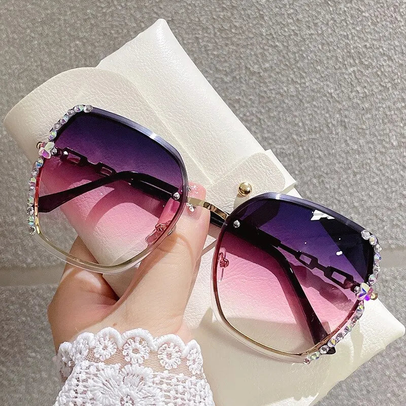 Rhinestone Rimless Fashion Sunglasses Women Men Gradient UV400 Protection