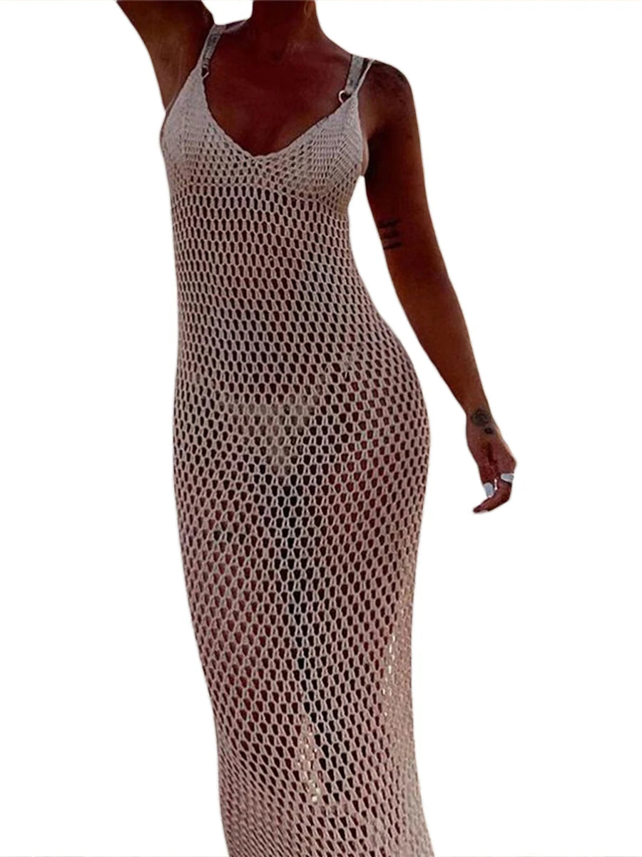 Women Crochet Cutout Backless Beach Cover Up Dress