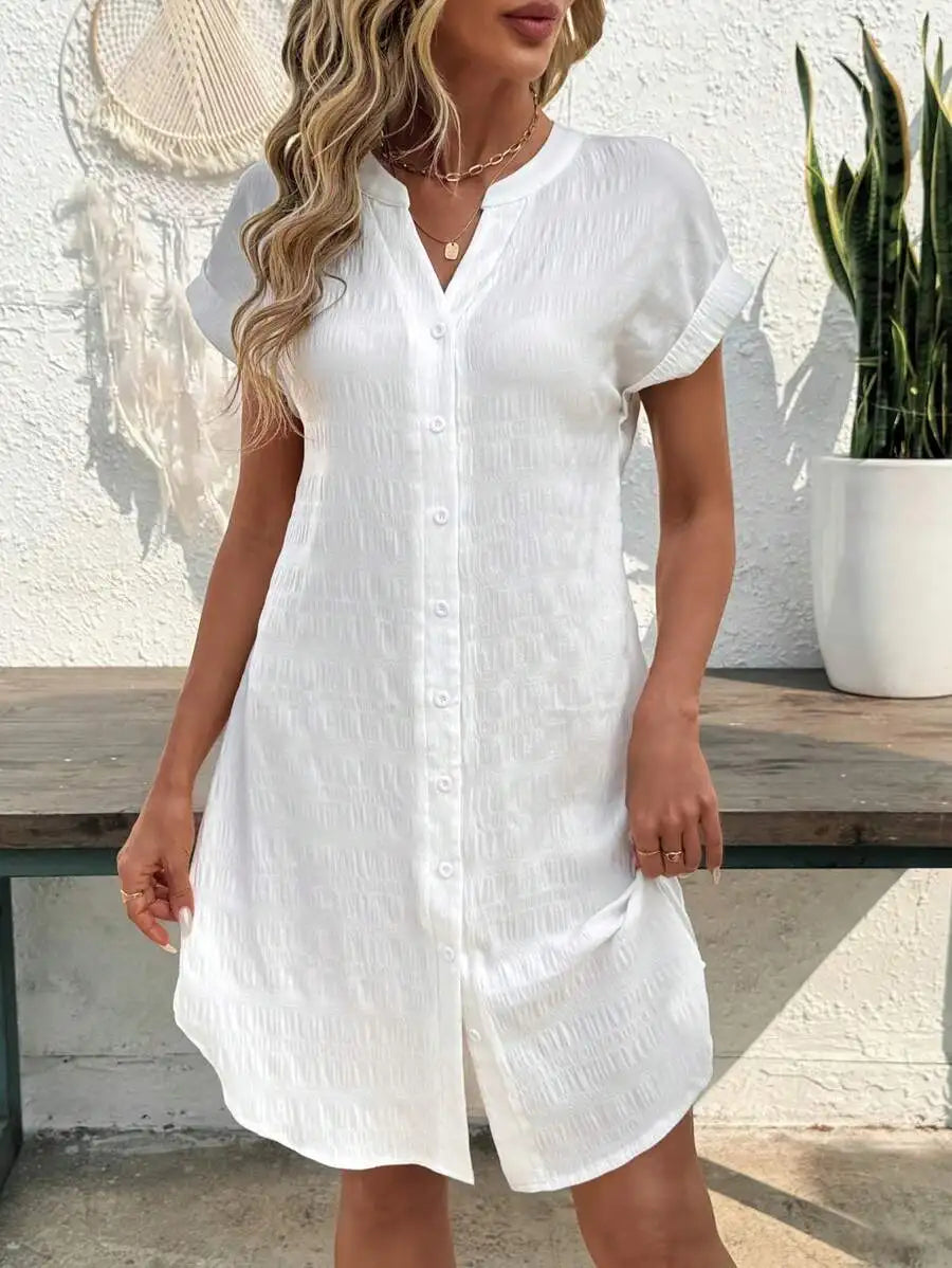Women's Button Front Short Sleeve Mini Dress 100 Percent Cotton