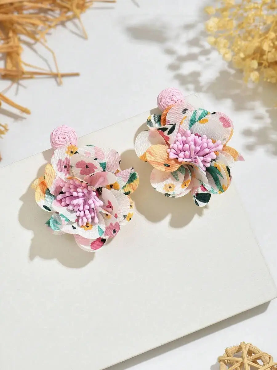 Floral Double Layer Stud Earrings Fabric Flower Design Beach Wear