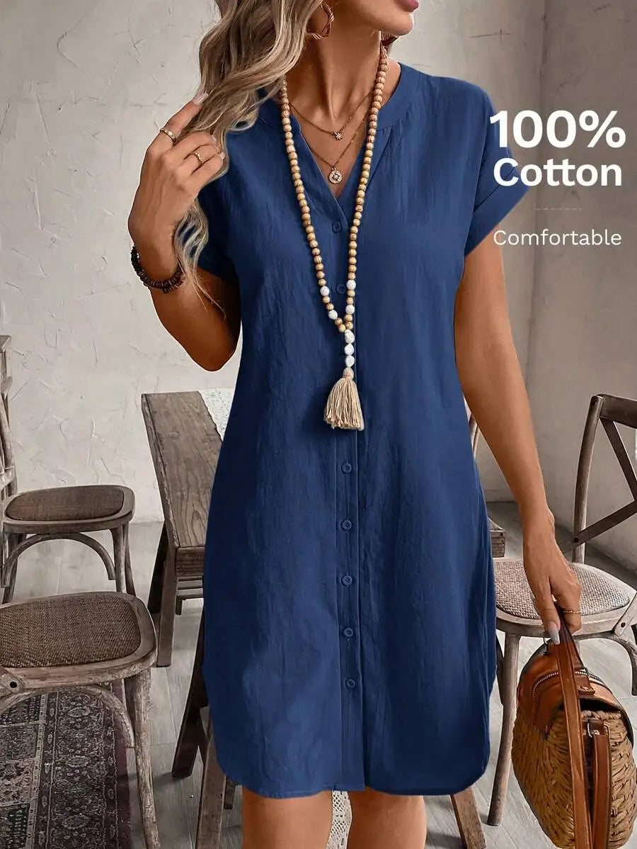 Women's Button Front Short Sleeve Mini Dress 100 Percent Cotton