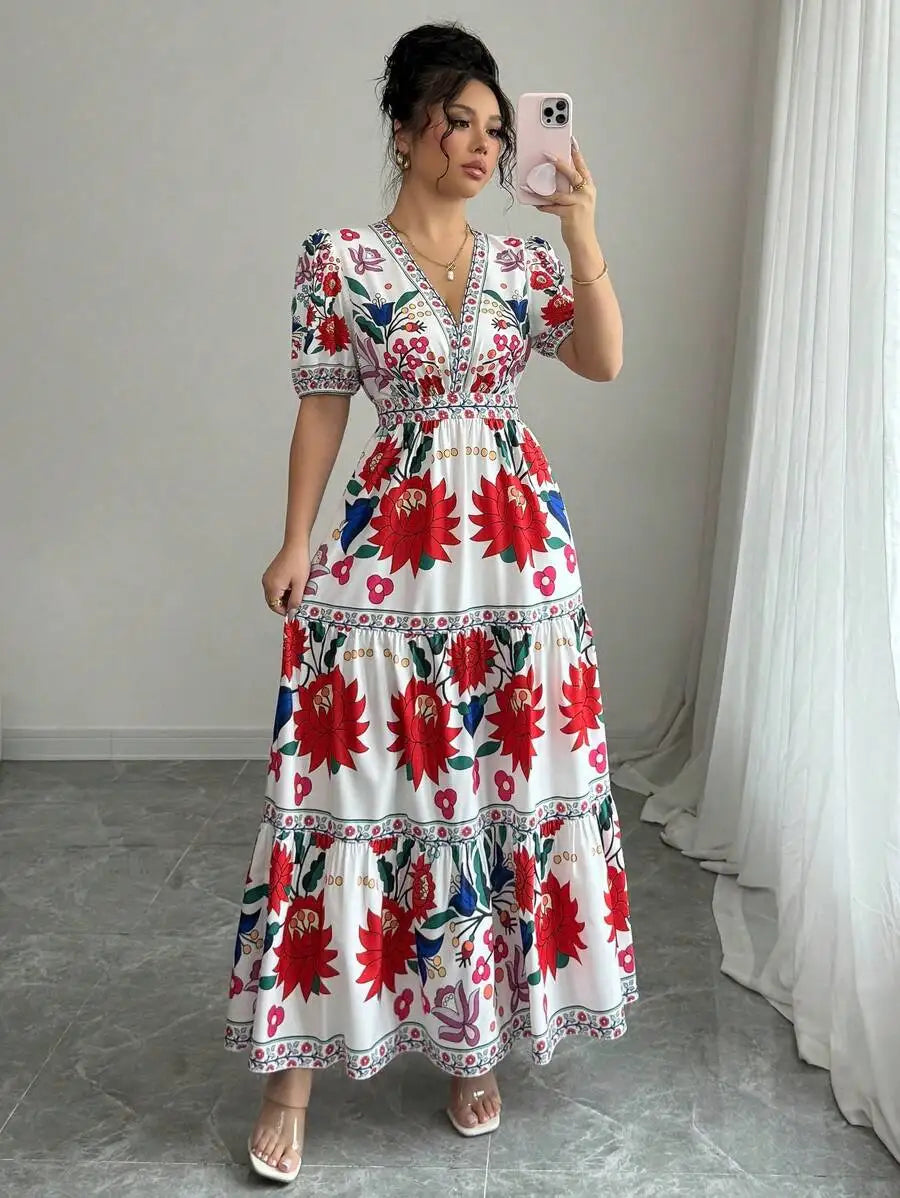 Floral V Neck Maxi Dress With Puff Sleeves For Holiday