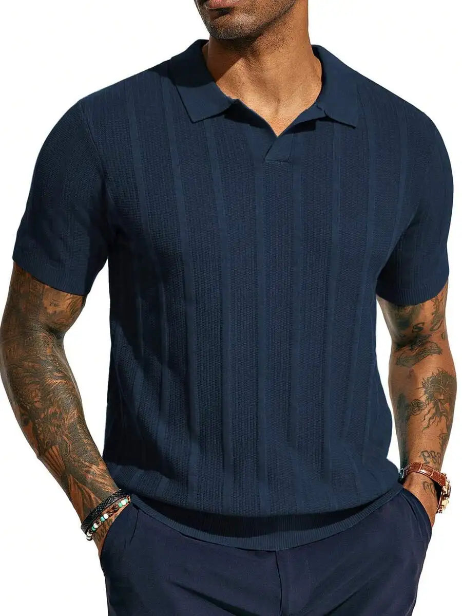 Men's Short-Sleeve Knitted Polo Shirt With Vertical Ribbed Texture