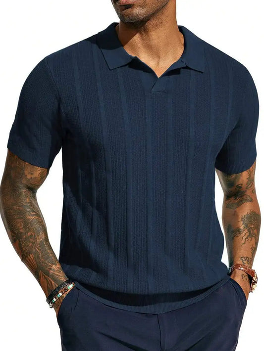 Men's Short-Sleeve Knitted Polo Shirt With Vertical Ribbed Texture
