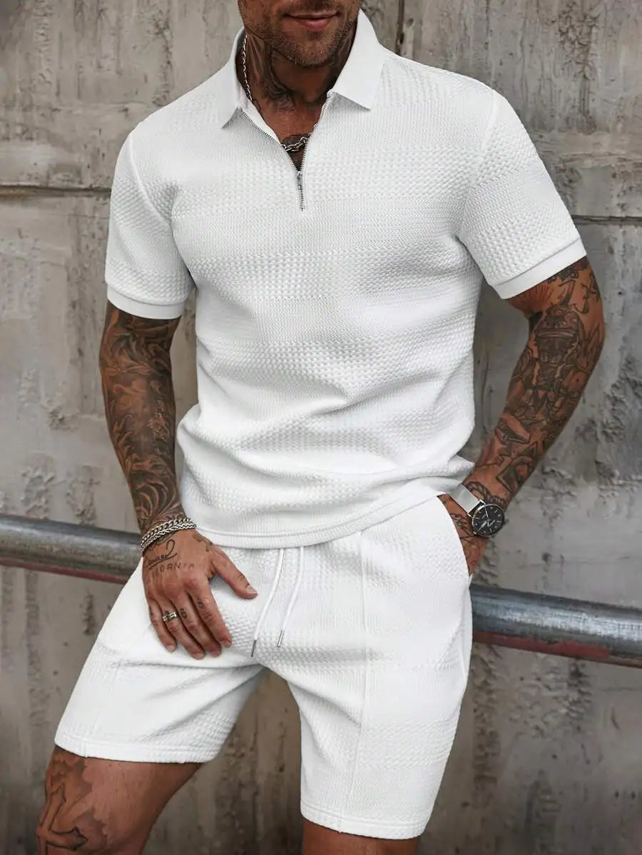 Mens Textured Half Zip Polo Shirt And Shorts Set Summer