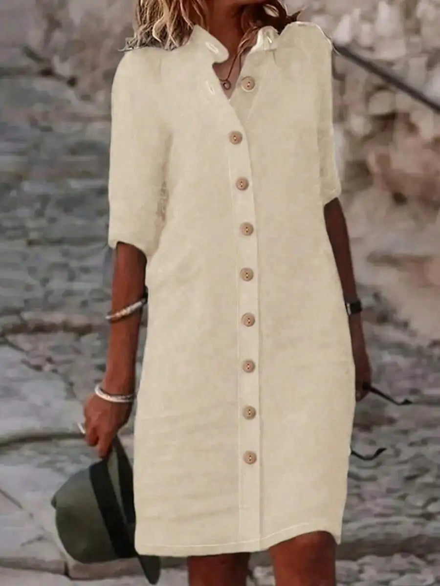 Button-Down Midi Dress With Mandarin Collar And Short Sleeves