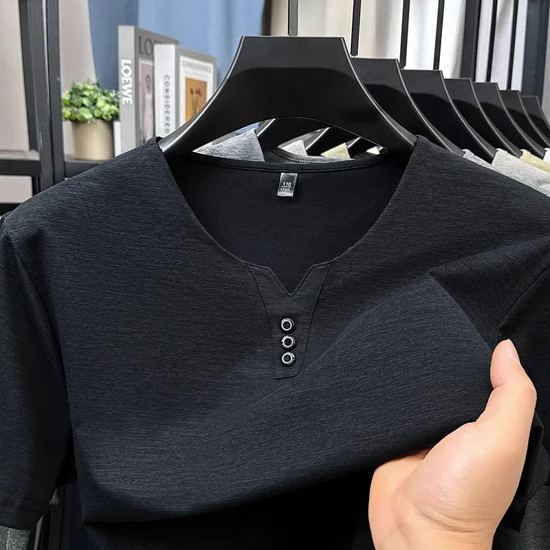 Men's V Neck Short Sleeve Knit Top Polyester Korean Style