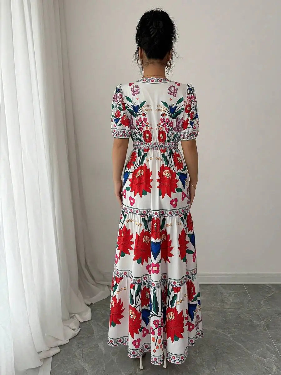 Floral V Neck Maxi Dress With Puff Sleeves For Holiday