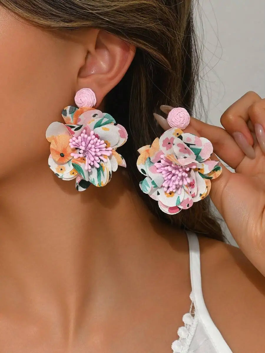 Floral Double Layer Stud Earrings Fabric Flower Design Beach Wear
