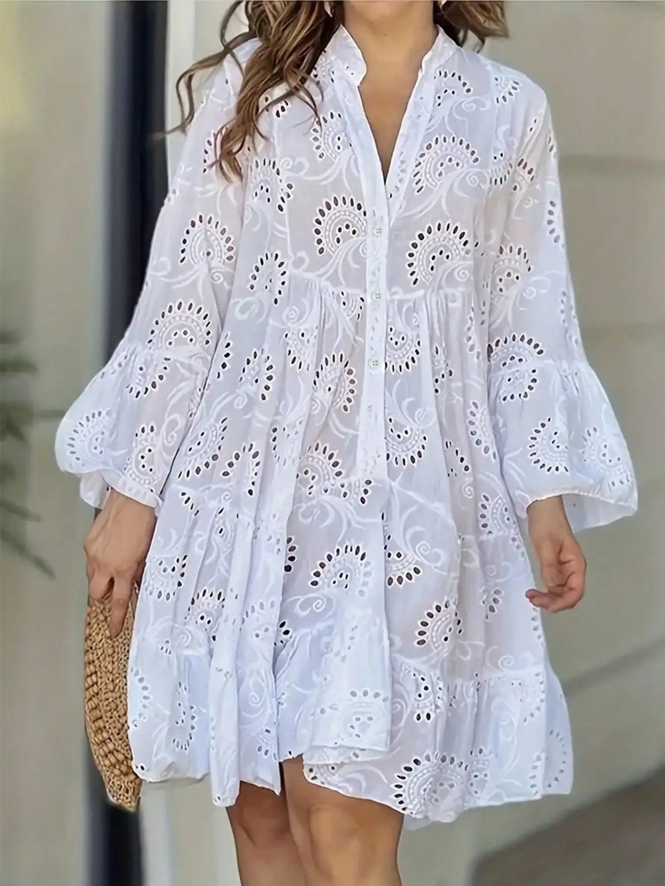 Eyelet Lace Puff Sleeve Tiered Dress For Beach Vacation And Daily Wear