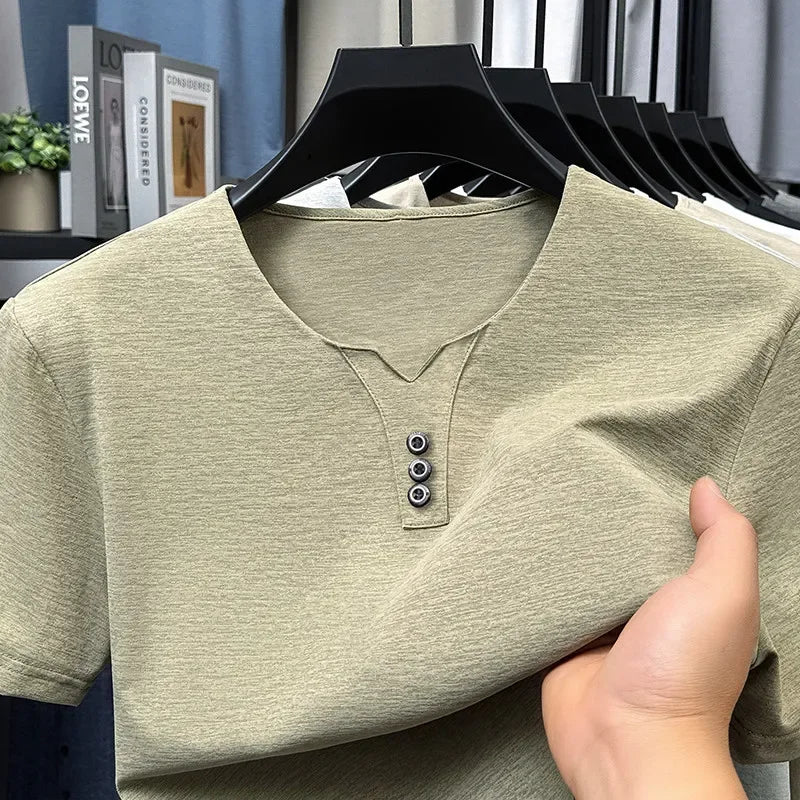 Men's V Neck Short Sleeve Knit Top Polyester Korean Style